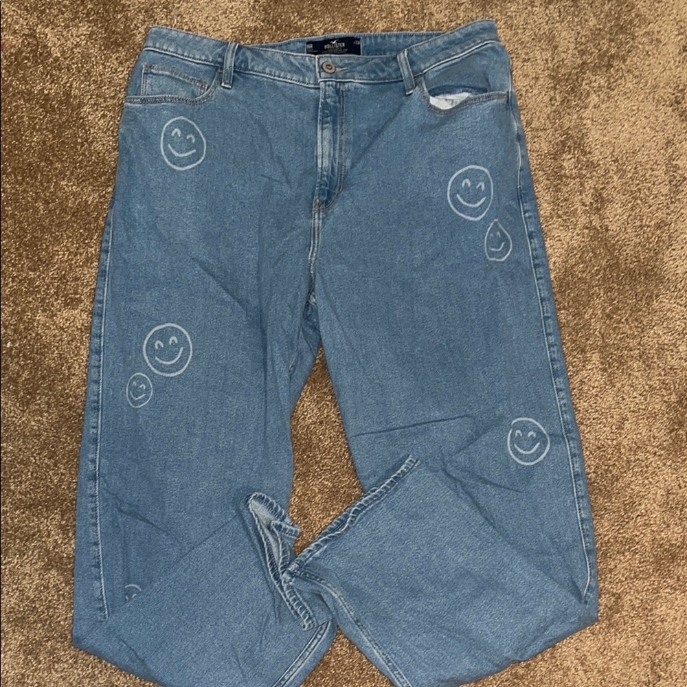 Hollister Blue Straight Leg Pants with Smiley Design